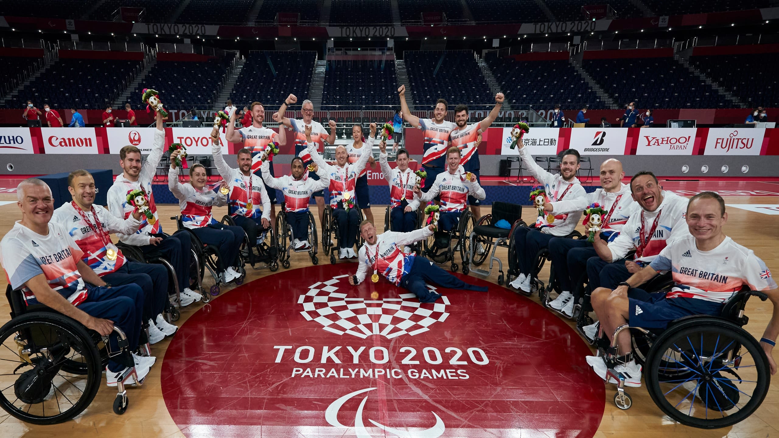 ParalympicsGB team celebrating first wheelchair rugby gold in Tokyo